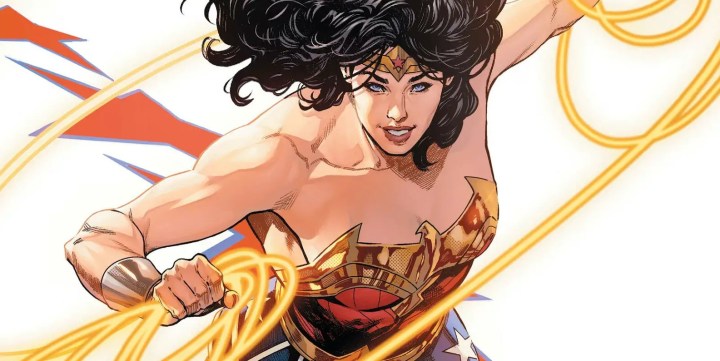 Wonder Woman runs to fight in a DC comic book.