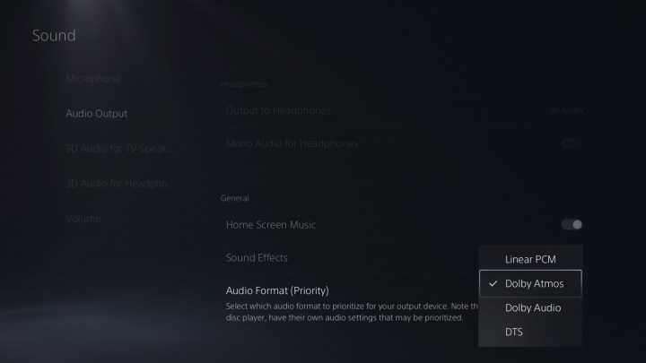 The menu where you can enable Dolby Atmos on PS5.