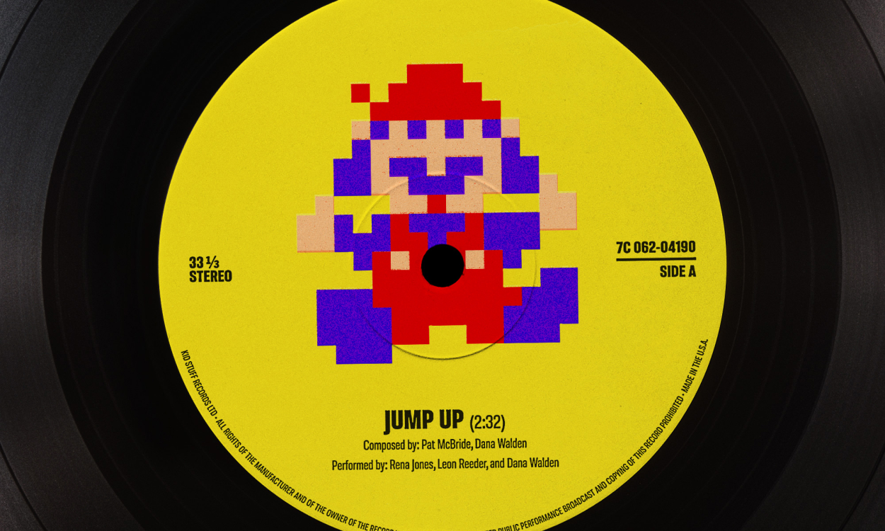 A pixelated Mario appears on a vinyl record.
