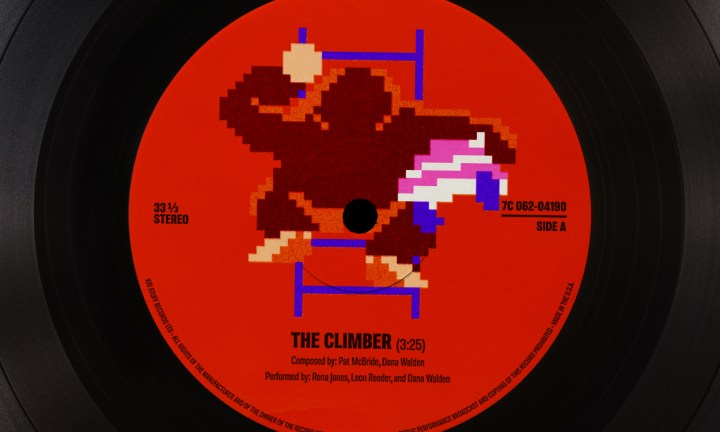 A pixelated Donkey Kong holding Pauline appears on a red vinyl record sleeve.