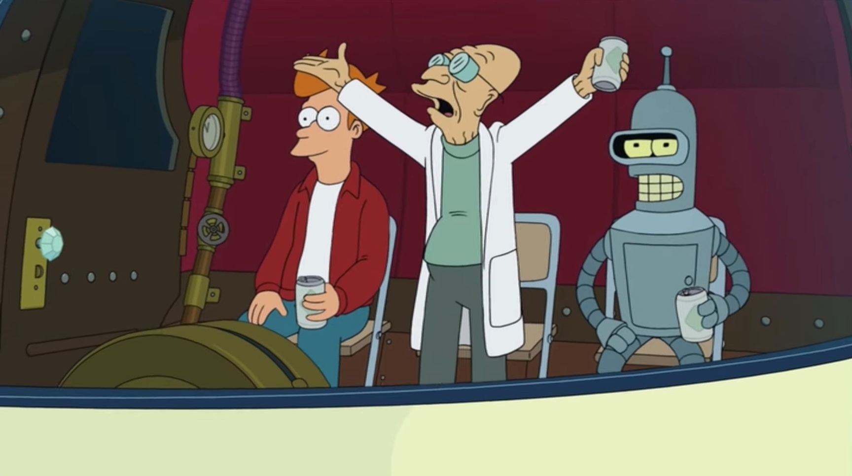 Fry, Farnsworth e Bender em uma máquina do tempo em "Futurama".