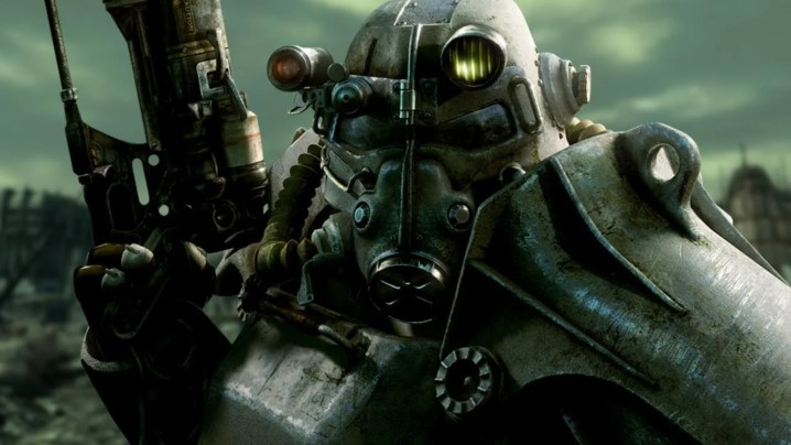 Fallout 3-Schlüsselgrafik mit dem Protagonisten, der die ikonische Powerrüstung trägt.