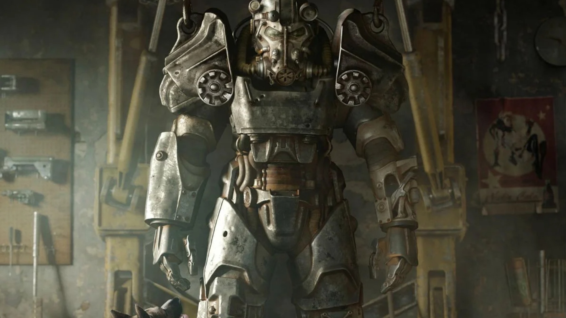Arte principal de Fallout 4 com o traje de armadura de poder pendurado em um arsenal.