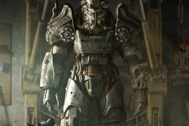Fallout 4 key art featuring the power armor suit hung up in an armory.
