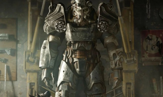 Fallout 4 key art featuring the power armor suit hung up in an armory.