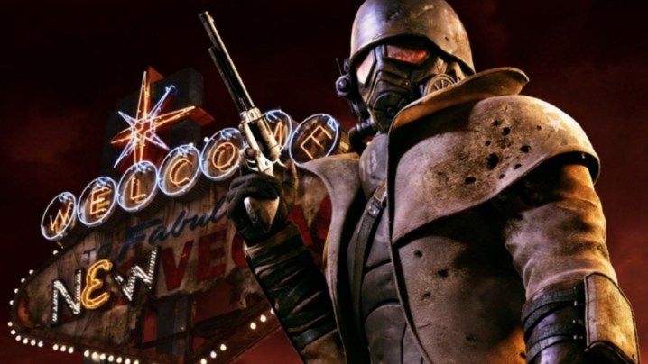 The courier in his nuclear gear and holding his gun in Fallout: New Vegas key art.