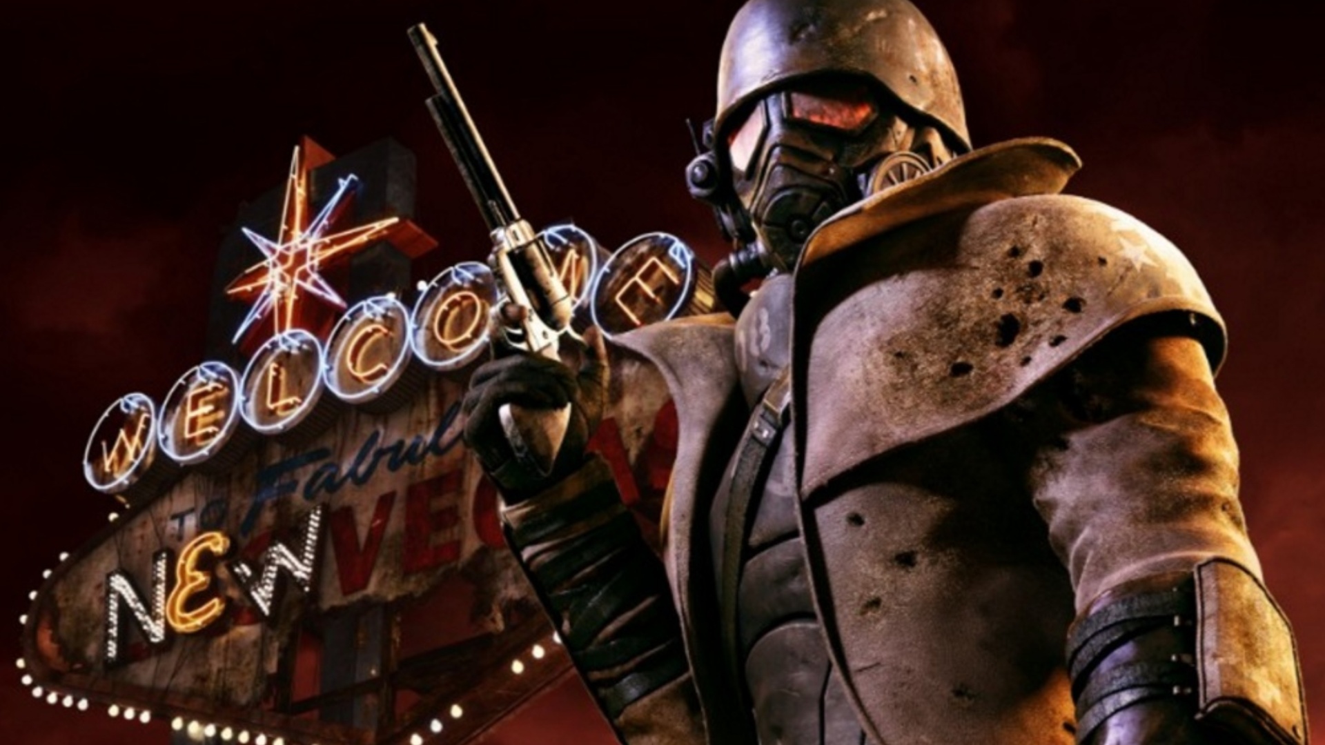 O mensageiro em seu equipamento nuclear e segurando sua arma na arte principal de Fallout: New Vegas.