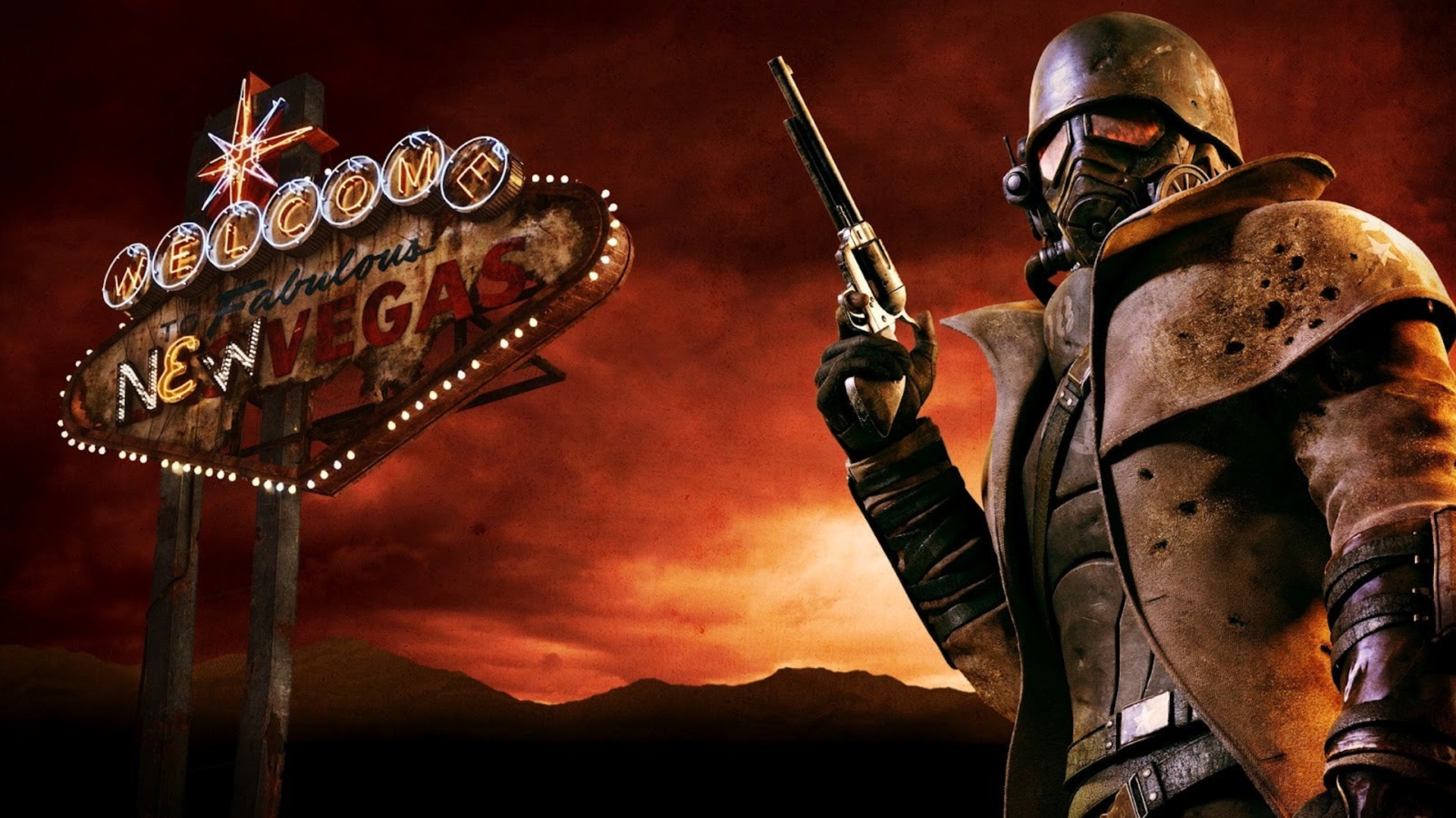 O mensageiro segurando uma arma com um sinal de boas-vindas ao fundo na arte principal de Fallout: New Vegas.