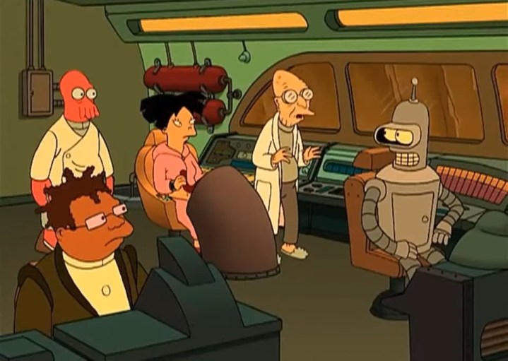 Planet Express gemisinde Zoidberg, Hermes, Amy, Prof. Farnsworth ve Bender "Futurama."