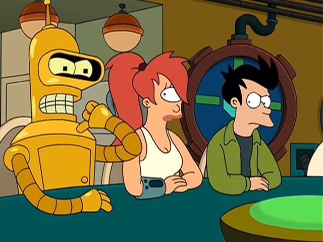 Versões alternativas de Bender, Leela e Fry em "Futurama".