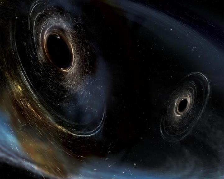 La conception de l'artiste montre deux trous noirs fusionnés similaires à ceux détectés par LIGO.