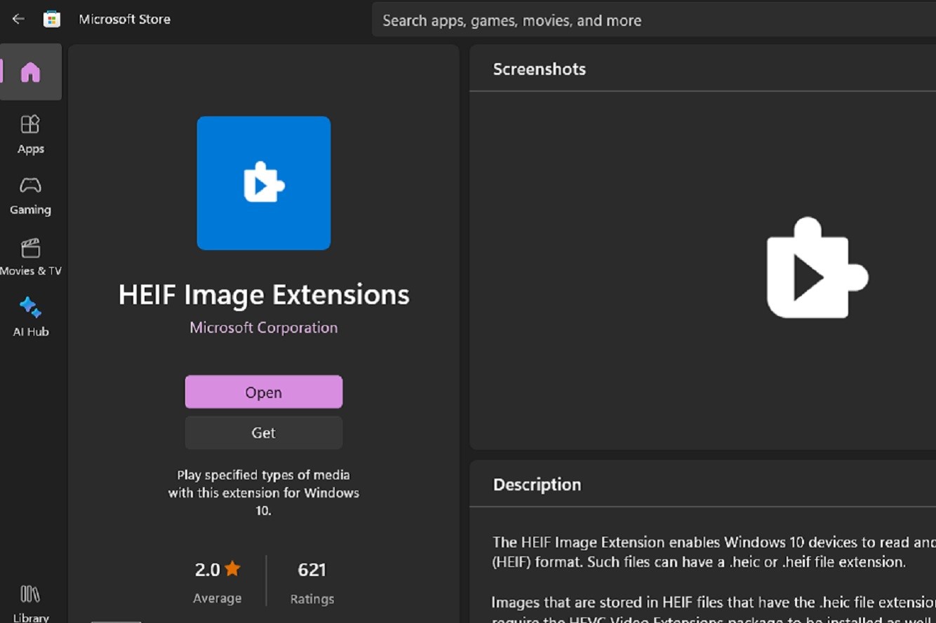 لیست برنامه های افزودنی تصویر HEIF در فروشگاه مایکروسافت.