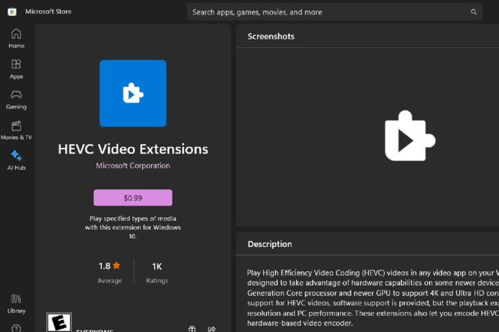 HEVC Video Extensions app listing on Microsoft Store.