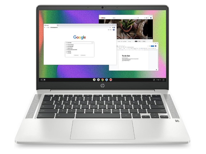 The 2022 release of the HP Chromebook 14a, with apps on the screen.