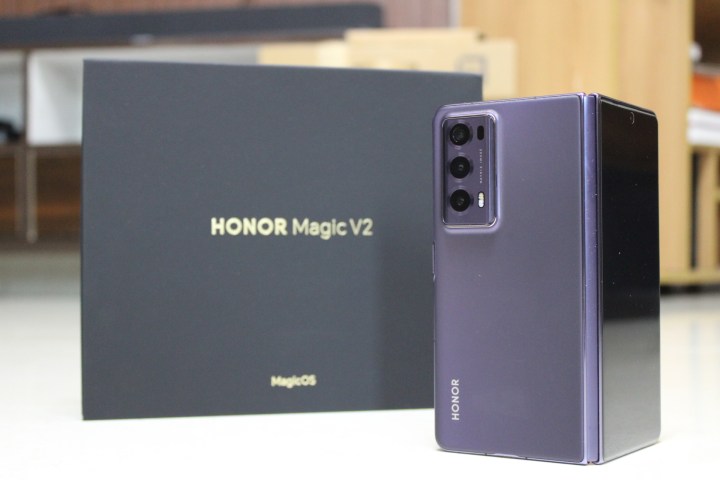 Honor Magic V2 in purple.