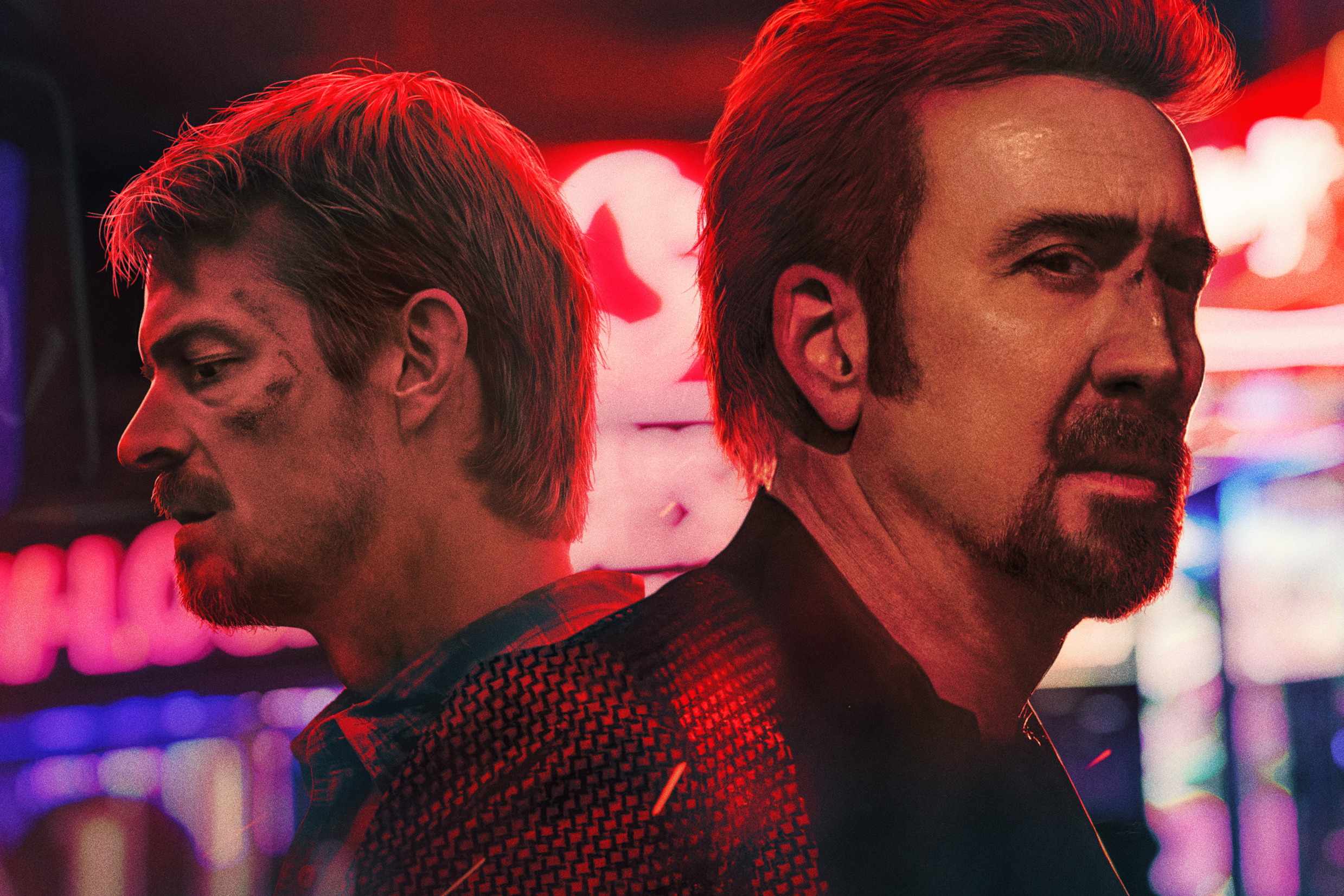 sympathy for the devil 2023 movie review joel kinnaman and nicolas cage face away from each other on poster