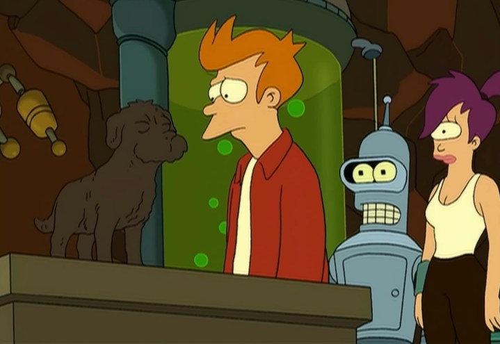 Fry, Bender ve Leela fosilleşmiş bir köpeğe bakıyorlar. "Futurama."