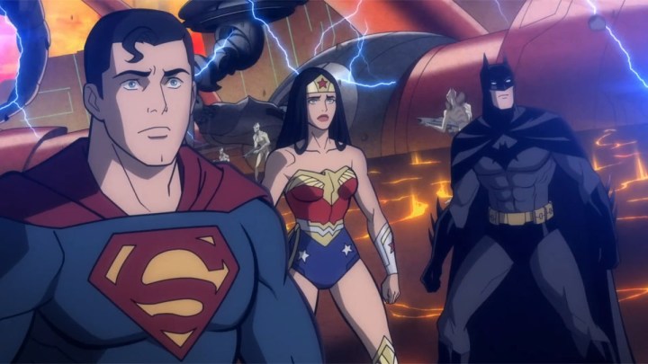 Superman, Mulher Maravilha e Batman em Justice League: War World.