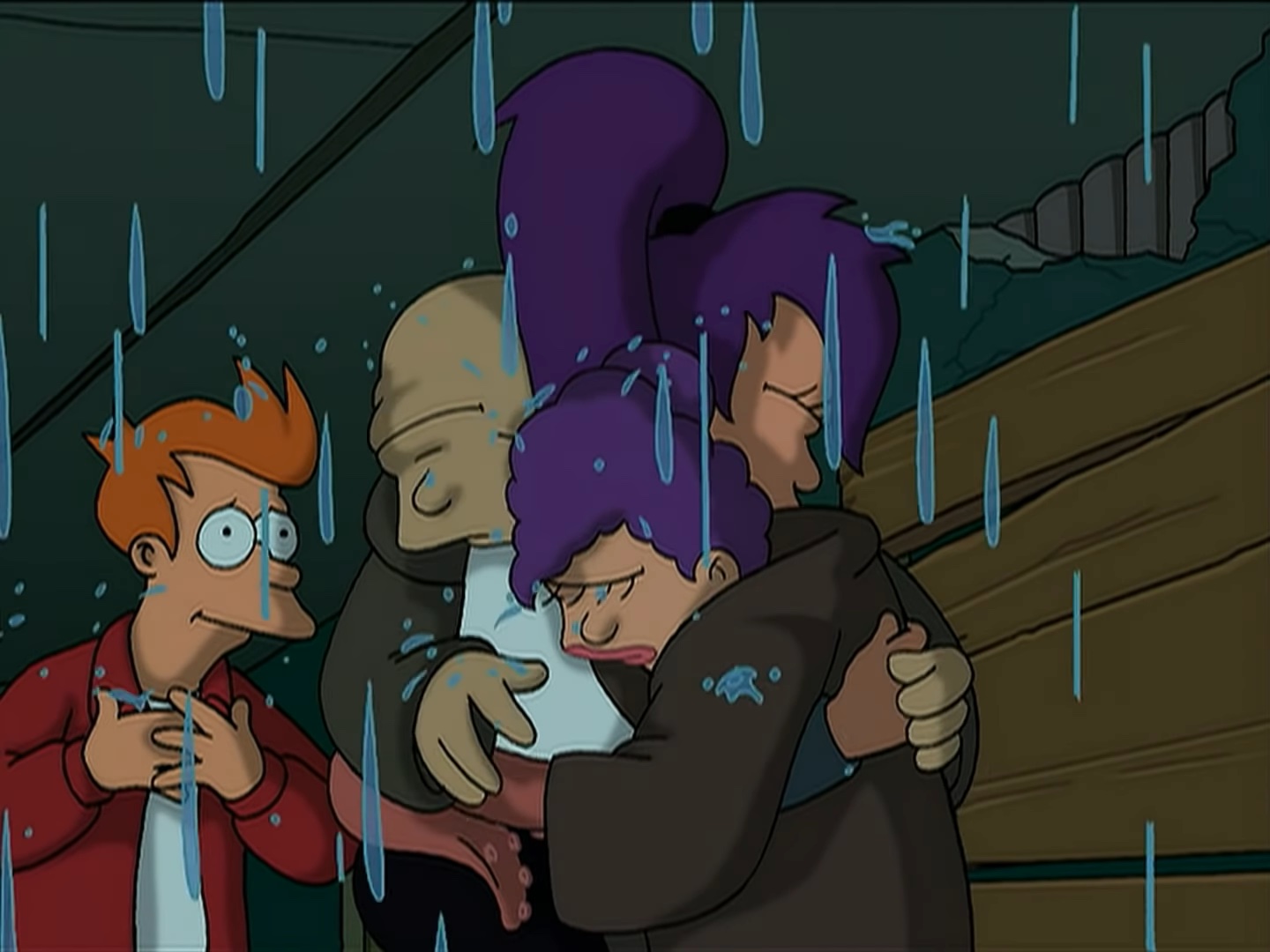 Leela abraçando seus pais enquanto Fry assiste em "Futurama".