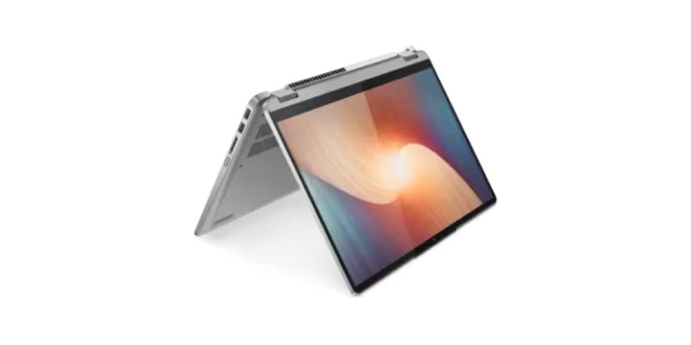 O Lenovo IdeaPad Flex 5 no modo tenda em um fundo branco.