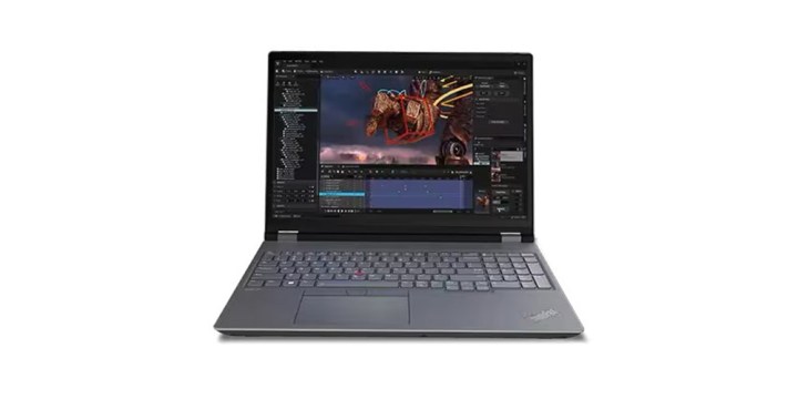 La workstation mobile Intel Lenovo ThinkPad P16 Gen 2 rivolta in avanti su uno sfondo bianco.