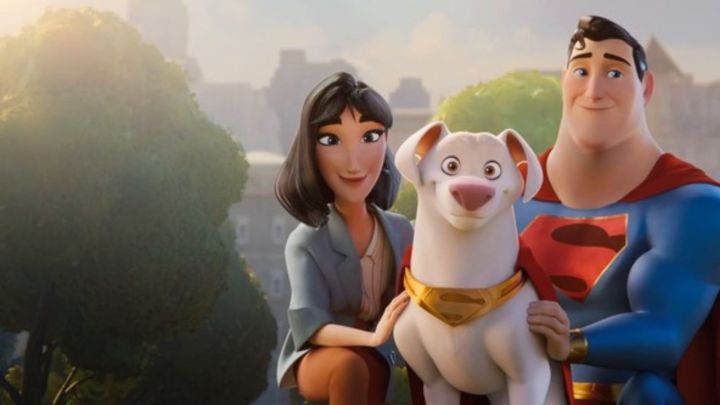 Lois Lane, Krypto, and Superman posing together in the film DC League of Super Pets.