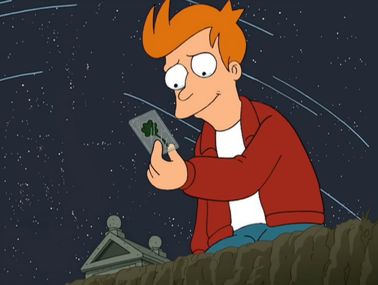 Fry segurando um trevo de sete folhas em "Futurama".