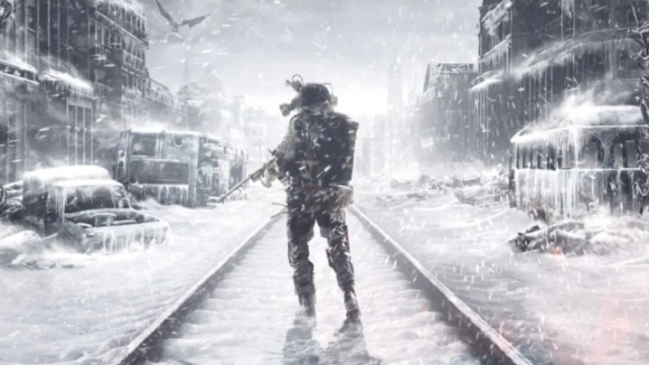 A soldier wearing radiation-proof gear in the snow-covered nuclear wasteland of Metro Exodus.