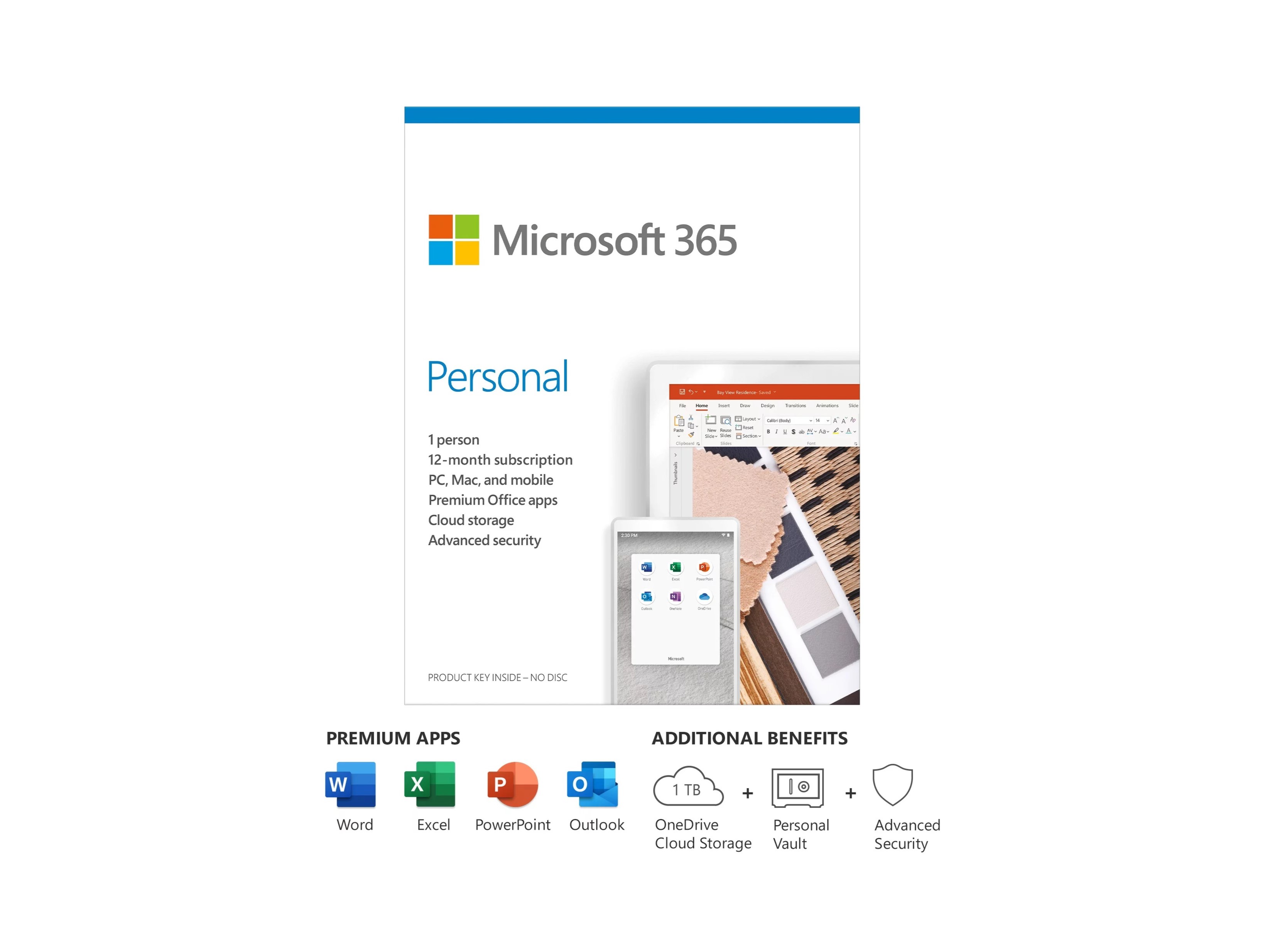 Microsoft 365 Personal 1 year product image with breakdown of inclusions.