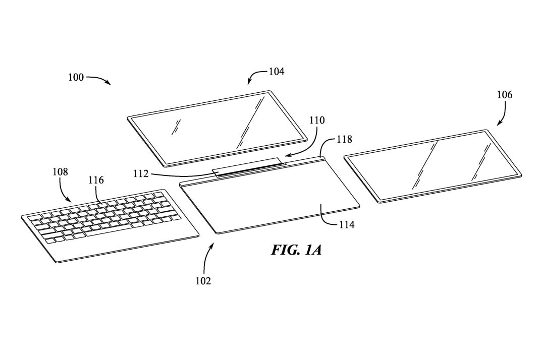 An Apple patent shows a modular MacBook laptop with three displays and a keyboard, all disconnected.
