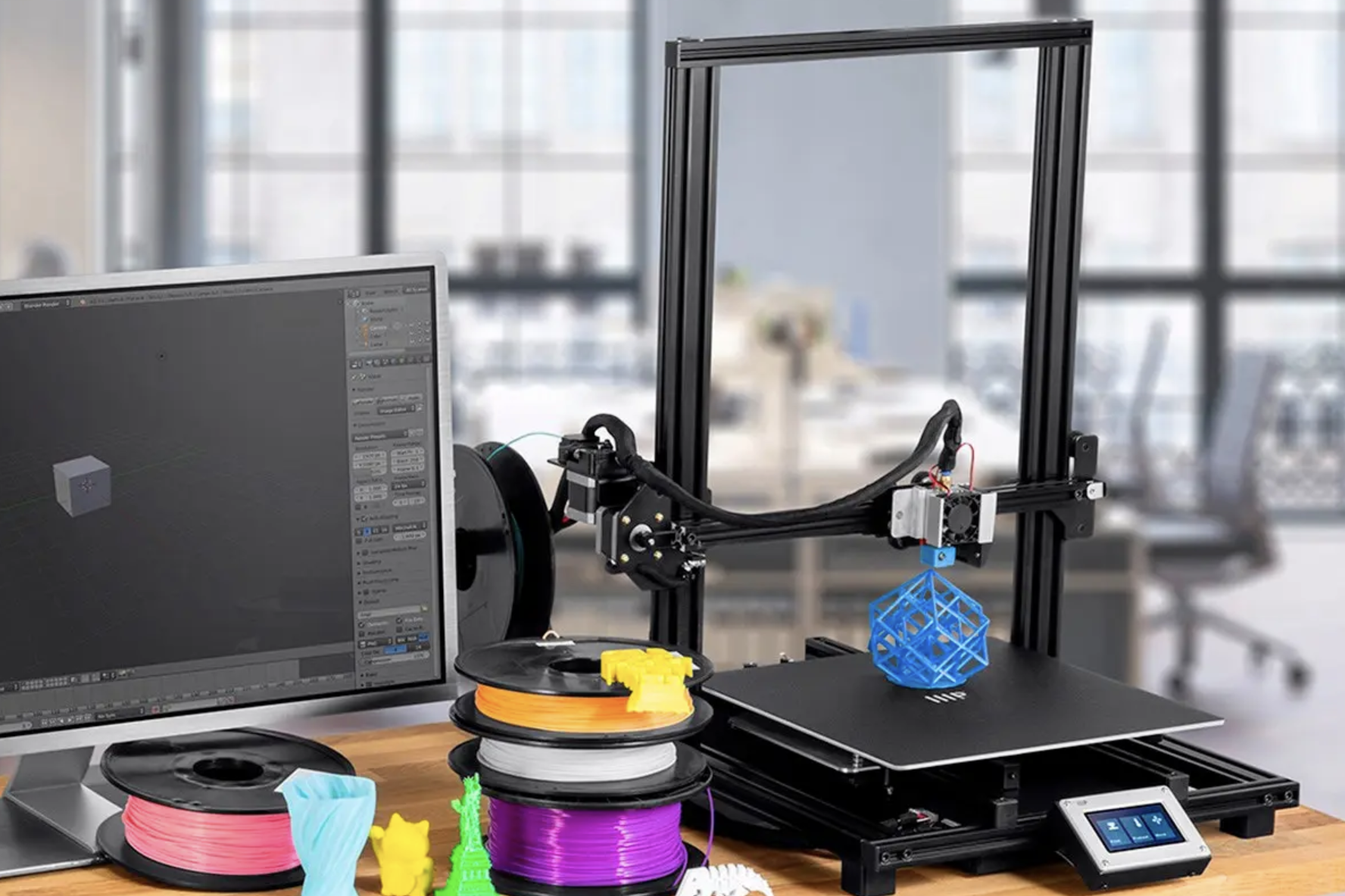 A Monoprice MP10 3D Printer is creating an octahedron in blue plastic.