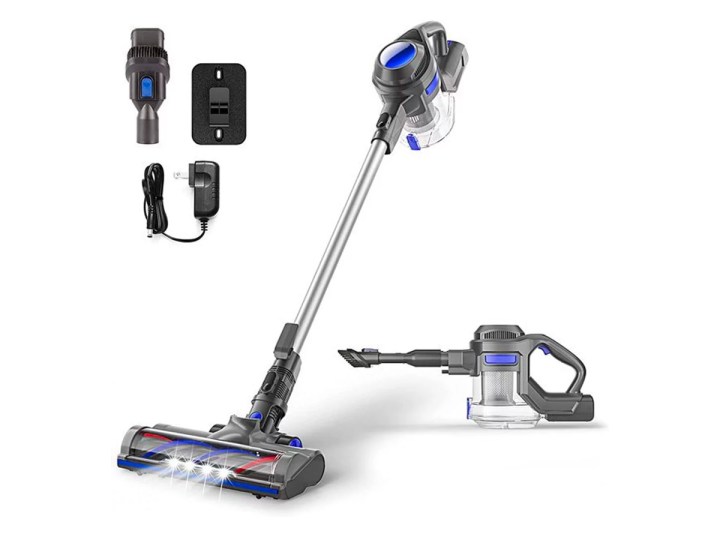 The Moosoo 4-in-1 cordless stick vacuum and accessories against a white background.