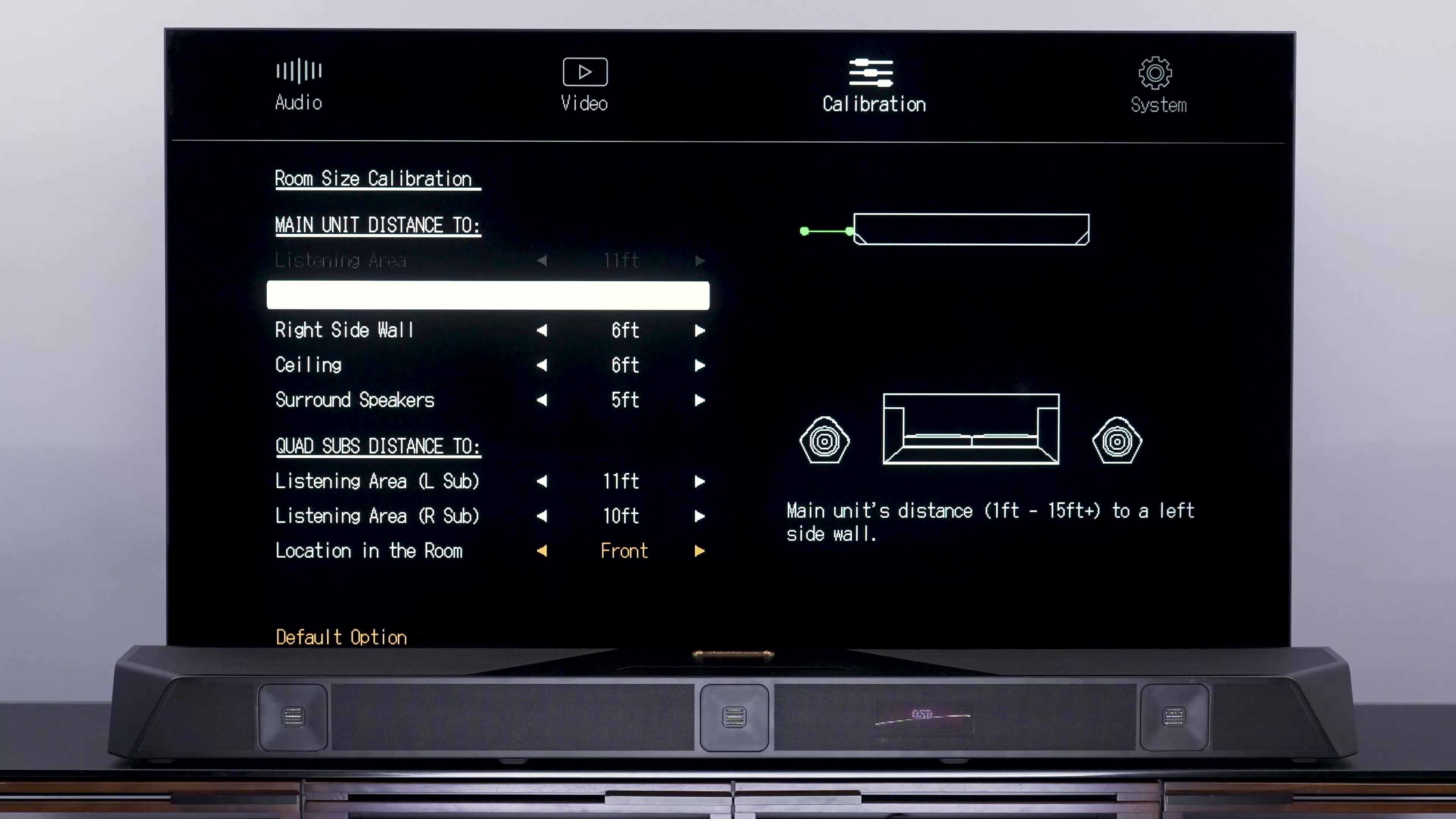 The Nakamichi Dragon Surround System menu for room size calibration..