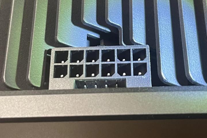 The power connector on an Nvidia RTX 4090 graphics card. The four shorter sense pins are shown at the bottom.