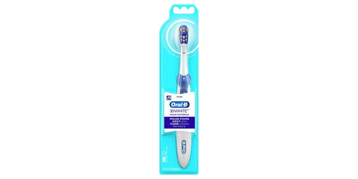 The Oral-B 3D White Battery Toothbrush packaged and on a white background.