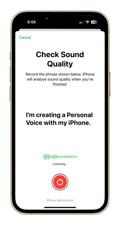 Recurso de voz pessoal no iOS 17, verifique a qualidade do som.