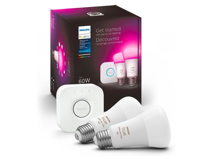 The Philips Hue Smart Light Starter Kit with two A19 light bulbs and Philips Hue Bridge against a white background.