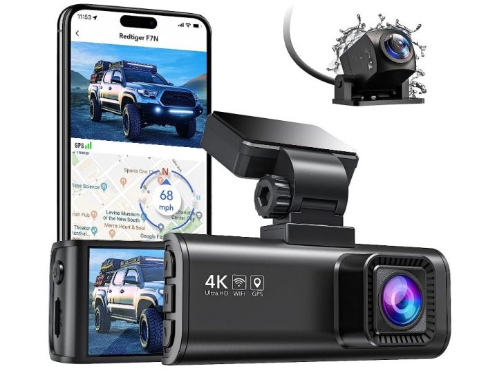 Une image du fabricant montrant les deux caméras fournies avec la REDTIGER 4K Dual Dash Cam ainsi qu'un aperçu de l'application en cours d'utilisation.