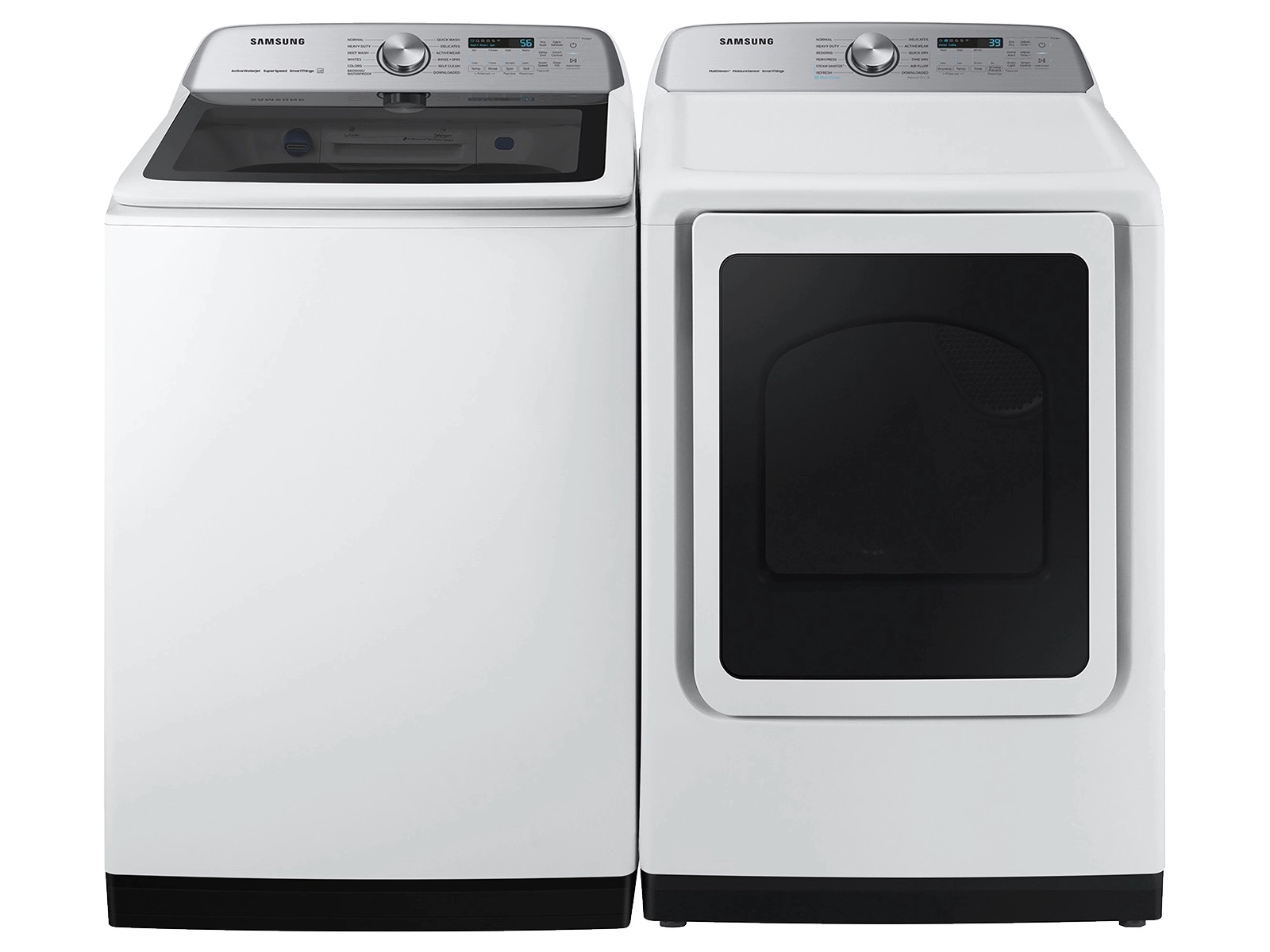 The Samsung 5.2 cu. ft. Large Capacity Smart Top Load Washer with Super Speed Wash and 7.4 cu. ft. Smart Electric Dryer with Steam Sanitize+.