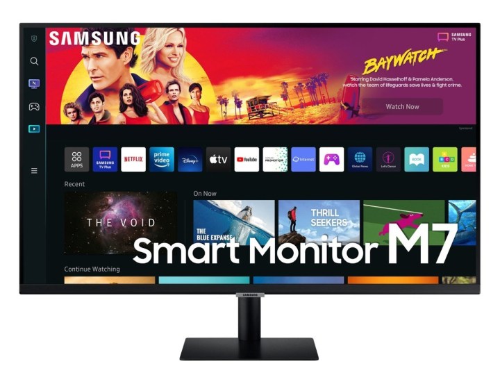 The Samsung M7 smart monitor with apps on the screen.