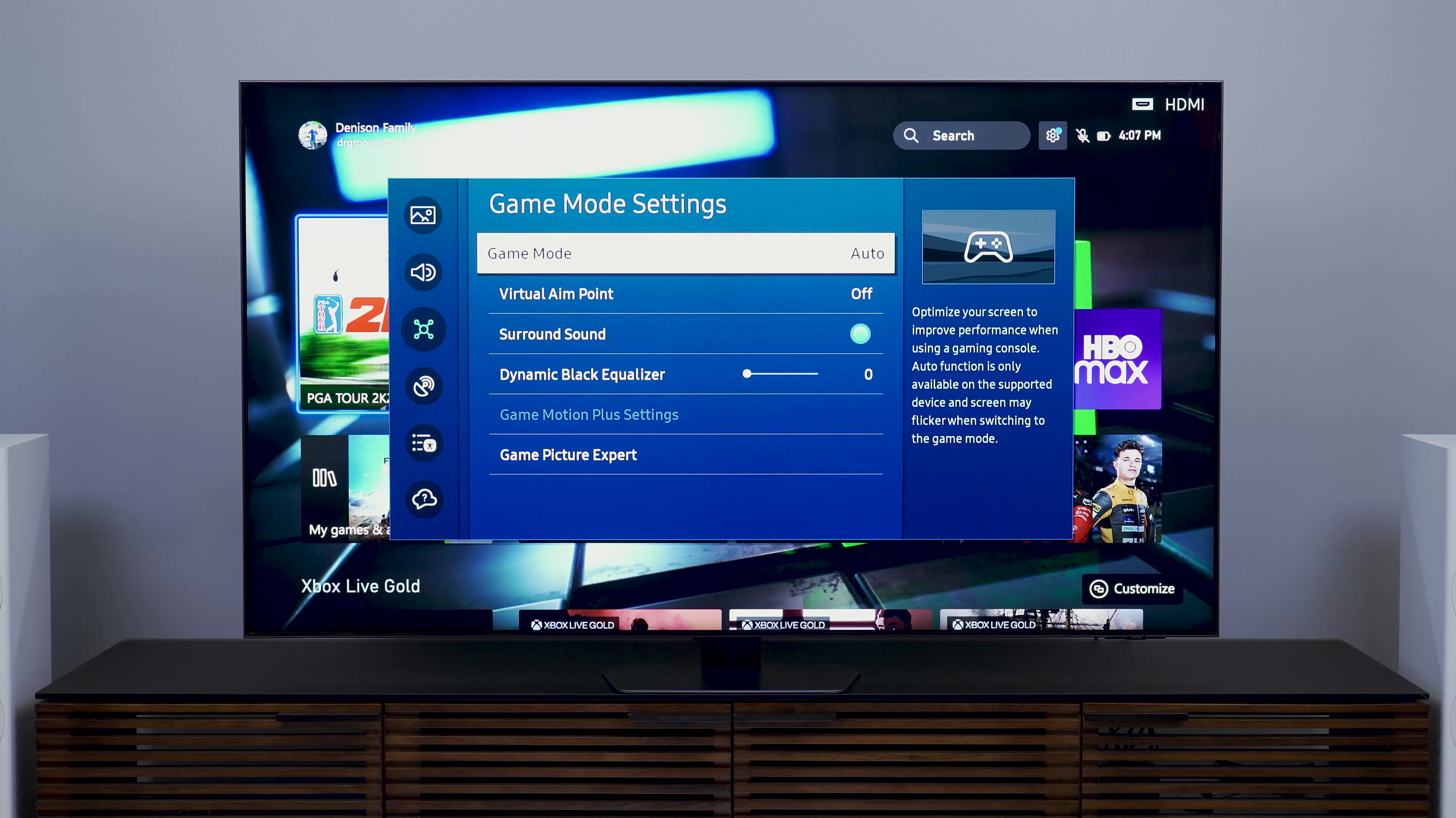 O menu de configurações do modo de jogo em um Samsung QN90C. 