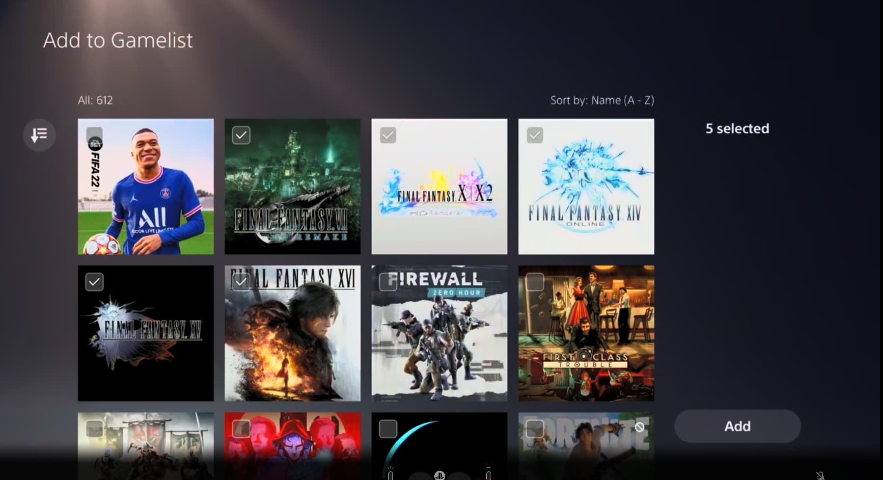 Selecting games to make a folder on ps5.