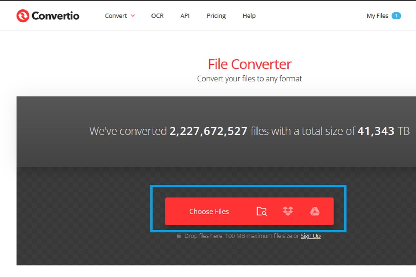 Convertio वेबसाइट पर फ़ाइलें चुनें का चयन करना।