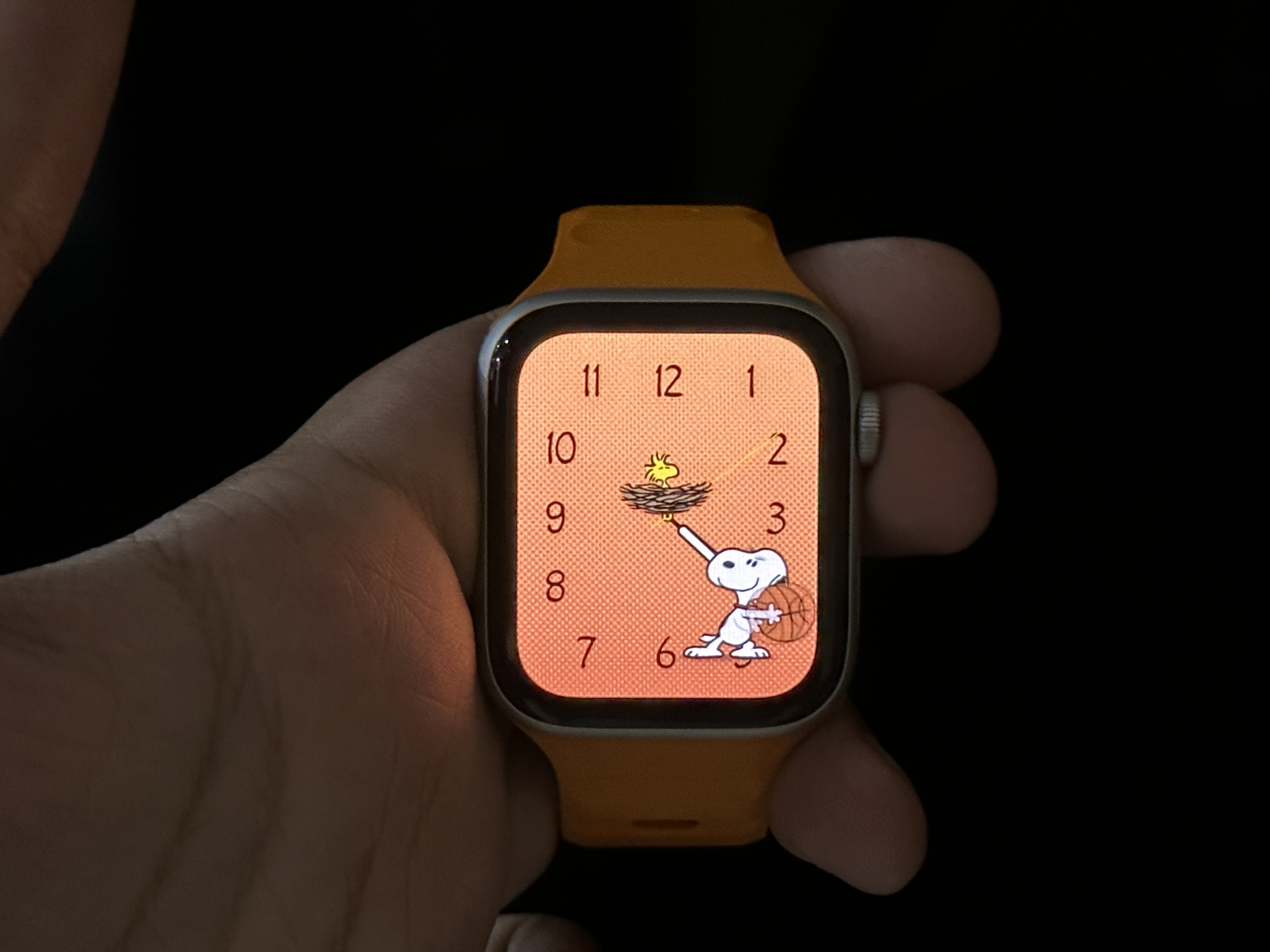 Snoopy Watch Face with Pumpkin background on Apple Watch SE.