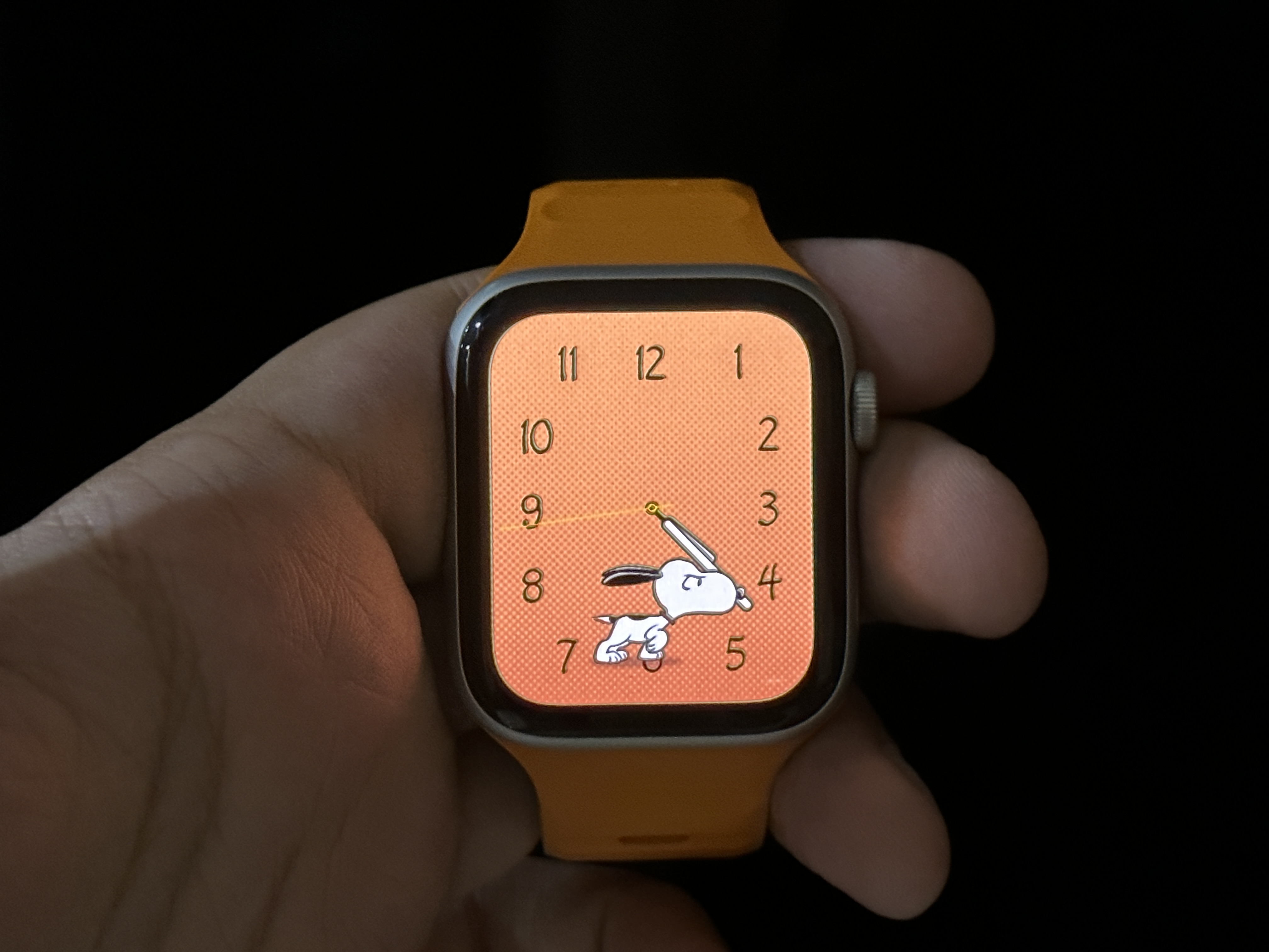 Snoopy Watch Face with Pumpkin background on Apple Watch SE.