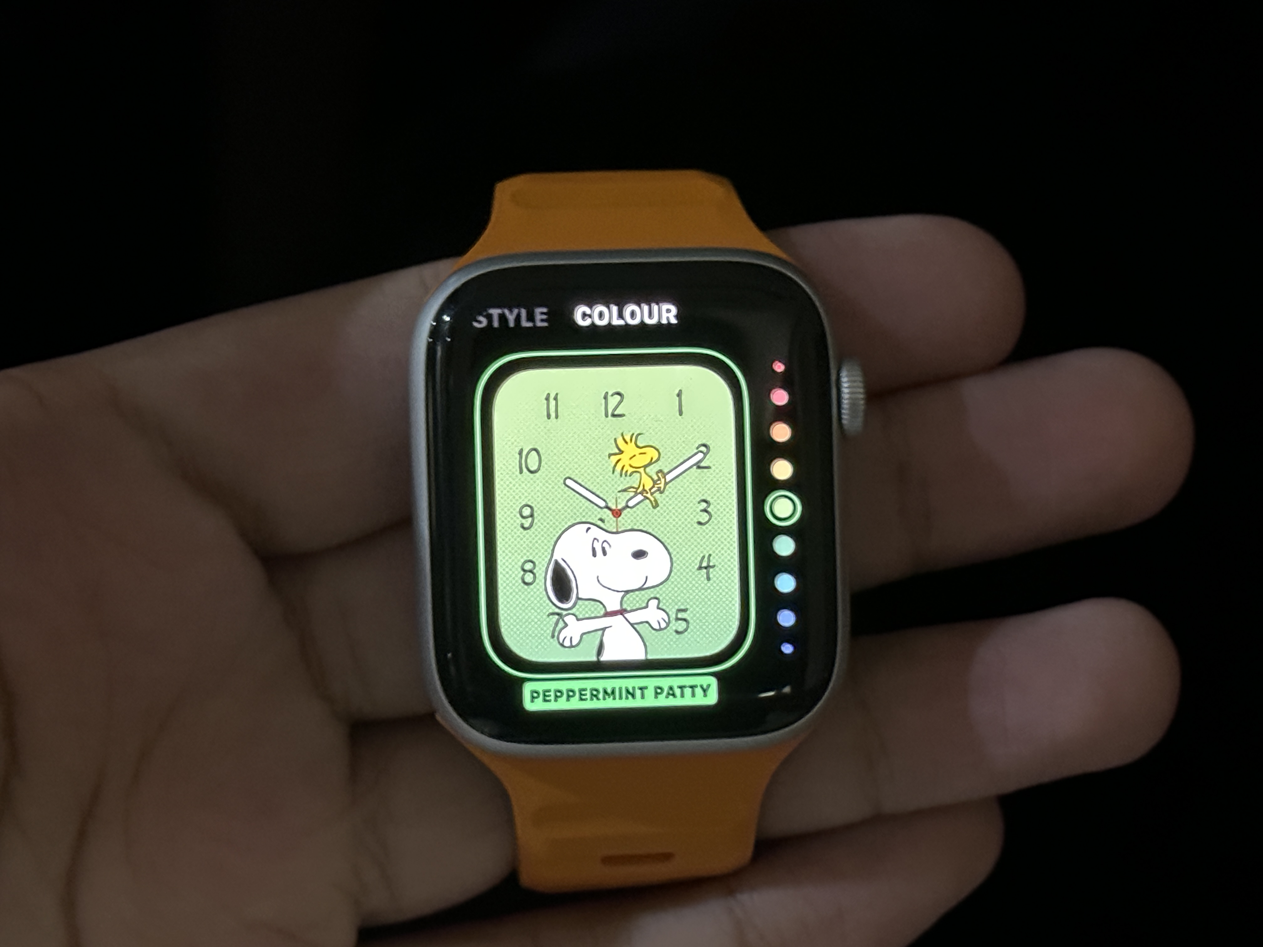 Snoopy Watch Face com fundo verde no Apple Watch SE.