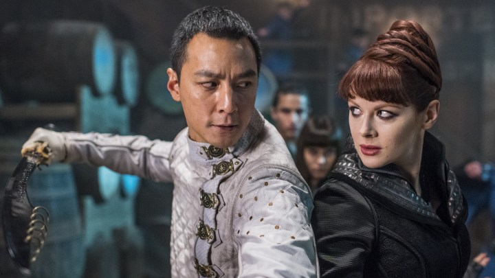 Daniel Wu as Sunny, Emily Beecham as The Widow, Aramis Knight as M.K., Ally Ioannides as Tilda in the series Into the Badlands.