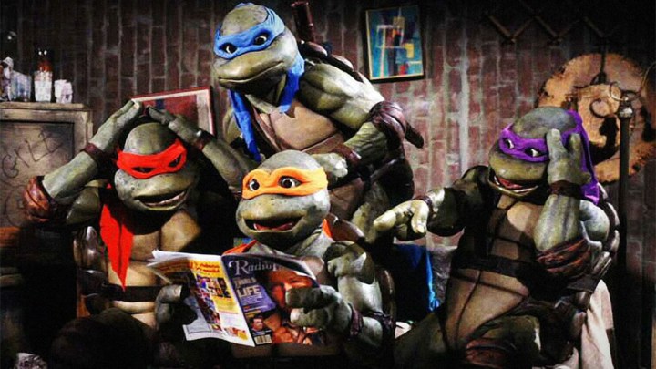 The four TMNT brothers enjoy a lighter moment in Teenage Mutant Ninja Turtles.