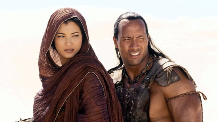 Kelly Hu and Dwayne Johnson in The Scorpion King.