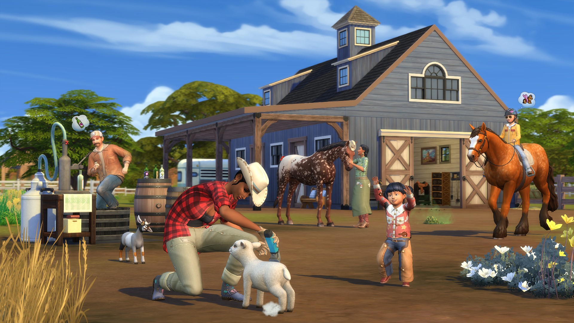 A blue stable sits in the background. A horse is being pet by a Sim in green clothes, a toddler is walking towards another Sim who is shearing a sheep, and a child Sim is riding a horse on hte right side of the picture. A fifth Sim is squashing ingredients in a large bucket to make nectar.